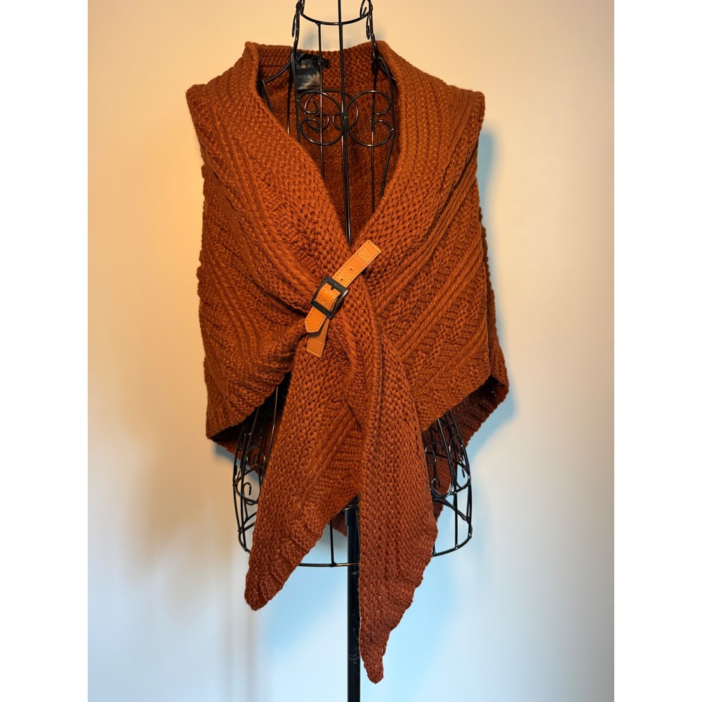 Avenue 9 Rust Orange Chunky Knit Shawl Wrap with Leather Buckle Closure Poncho